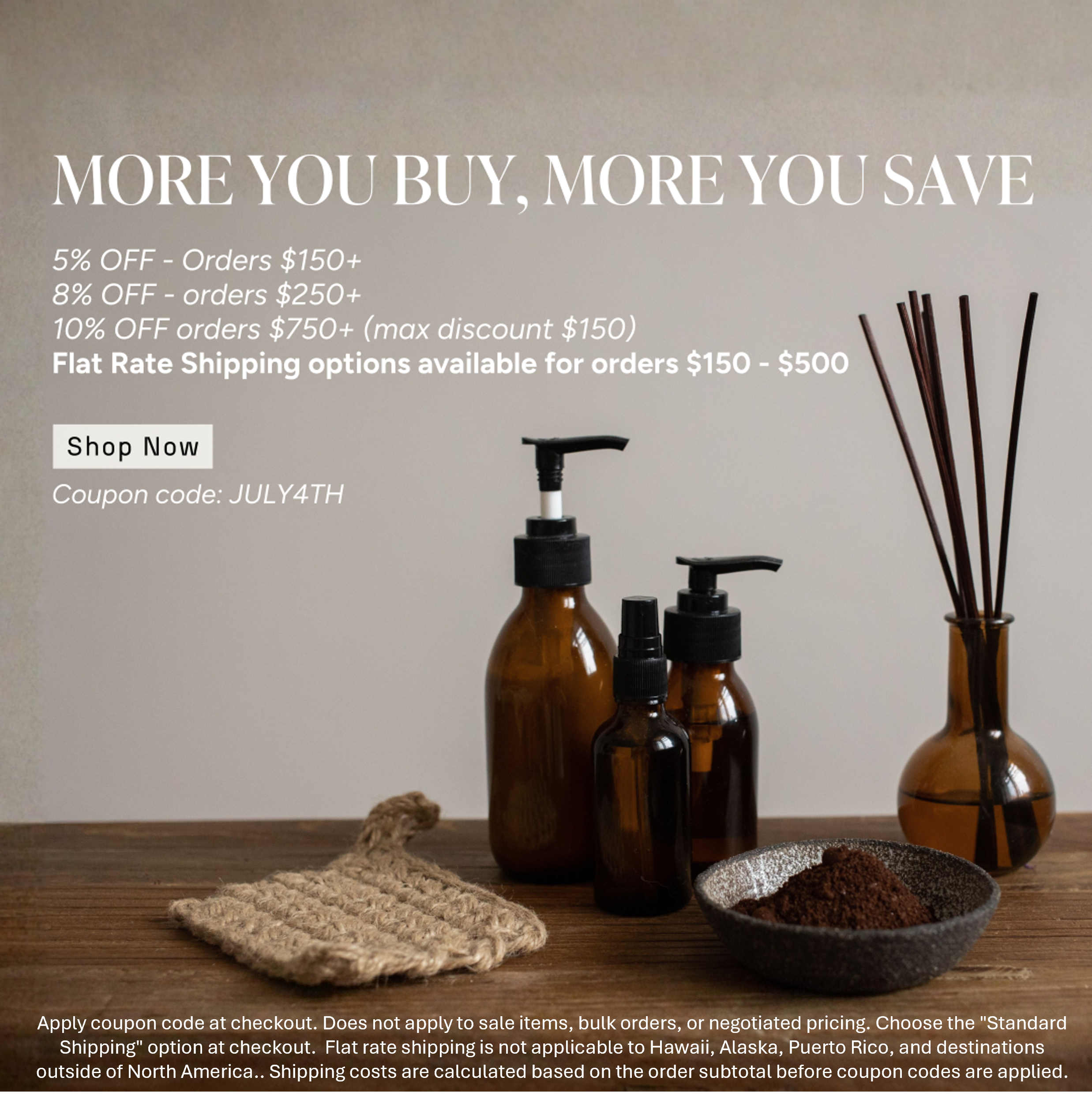Promotional image featuring bottles, a bowl, and discount information for shopping.