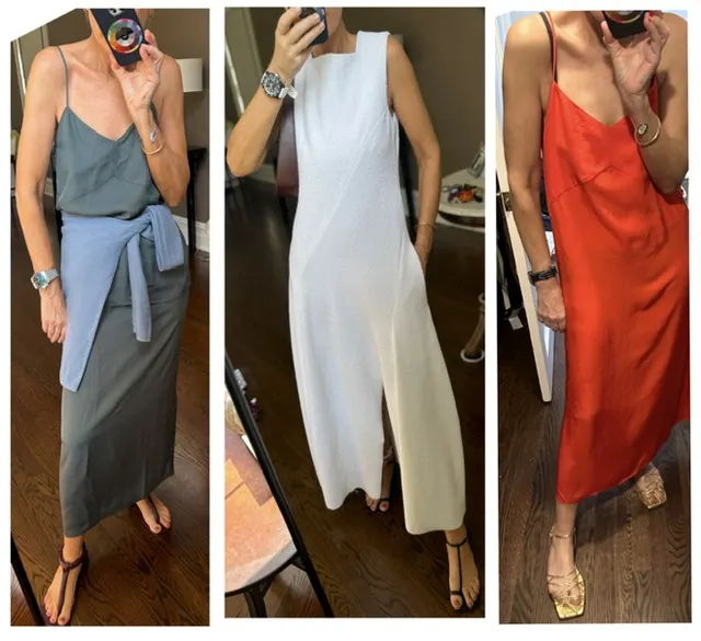 Three women modeling different dresses in various colors and styles.