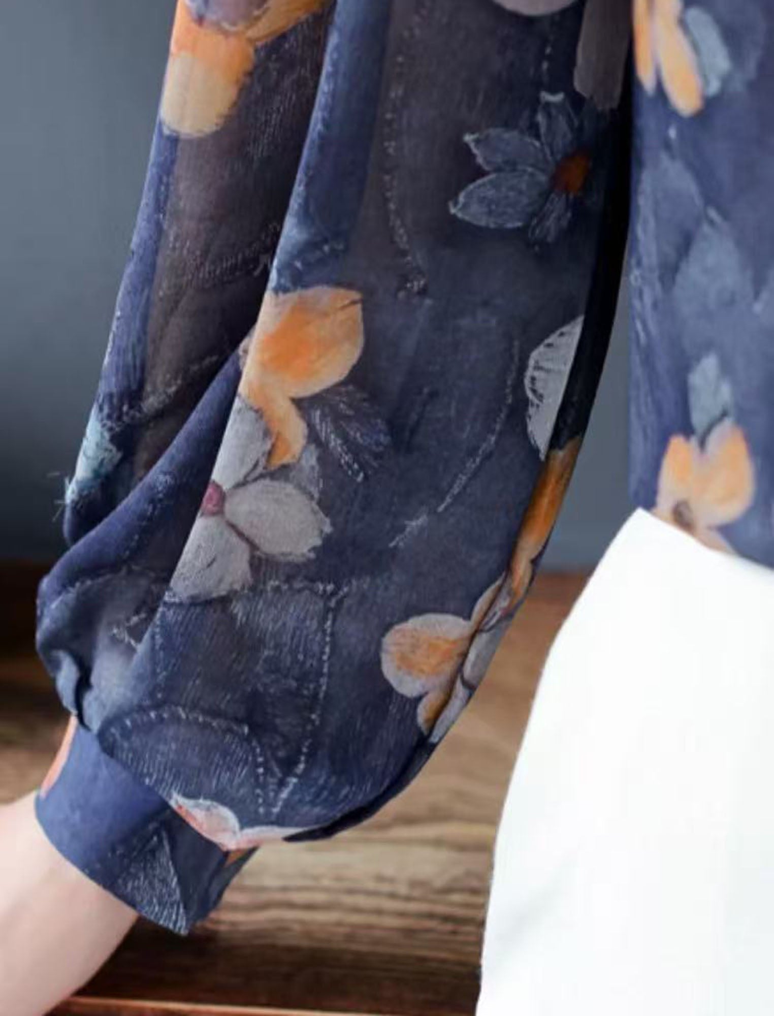 大花柄シフォンエレガントノーカラーブラウス