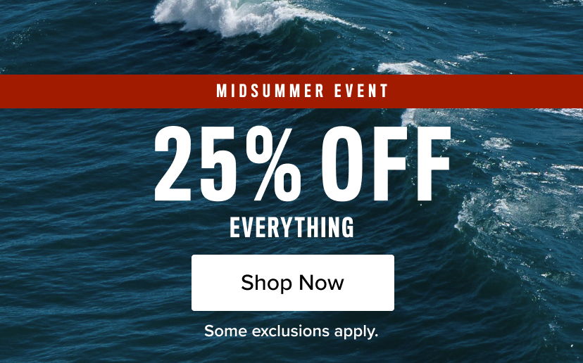 Promotional banner for summer event, offering 25% off everything. Shop now.