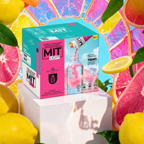 Colorful beverage box surrounded by lemons and grapefruits on a vibrant background.