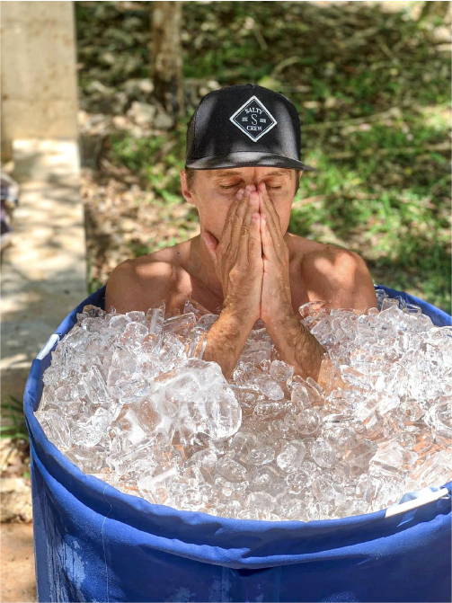 Complement CMO and vegan, Michael Palm, is taking an ice bath. 