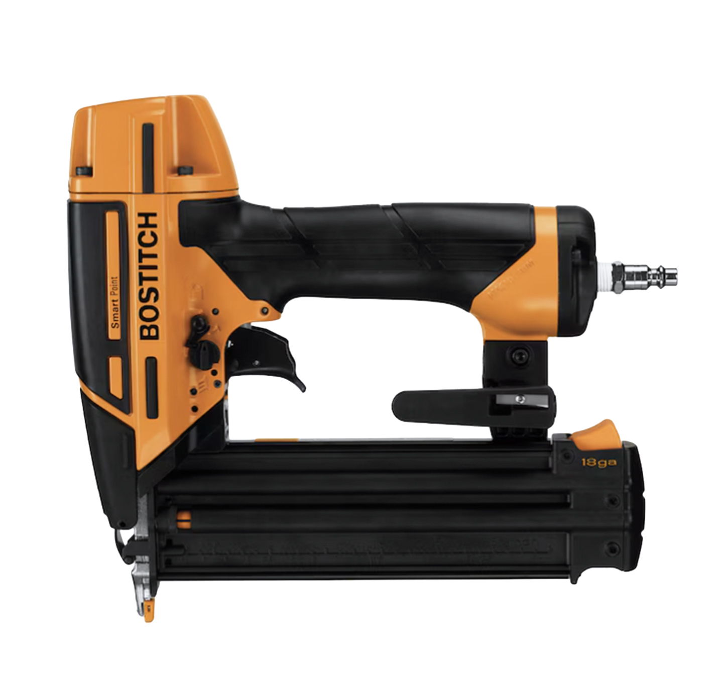 Bostitch nail gun with black and orange design, side view.