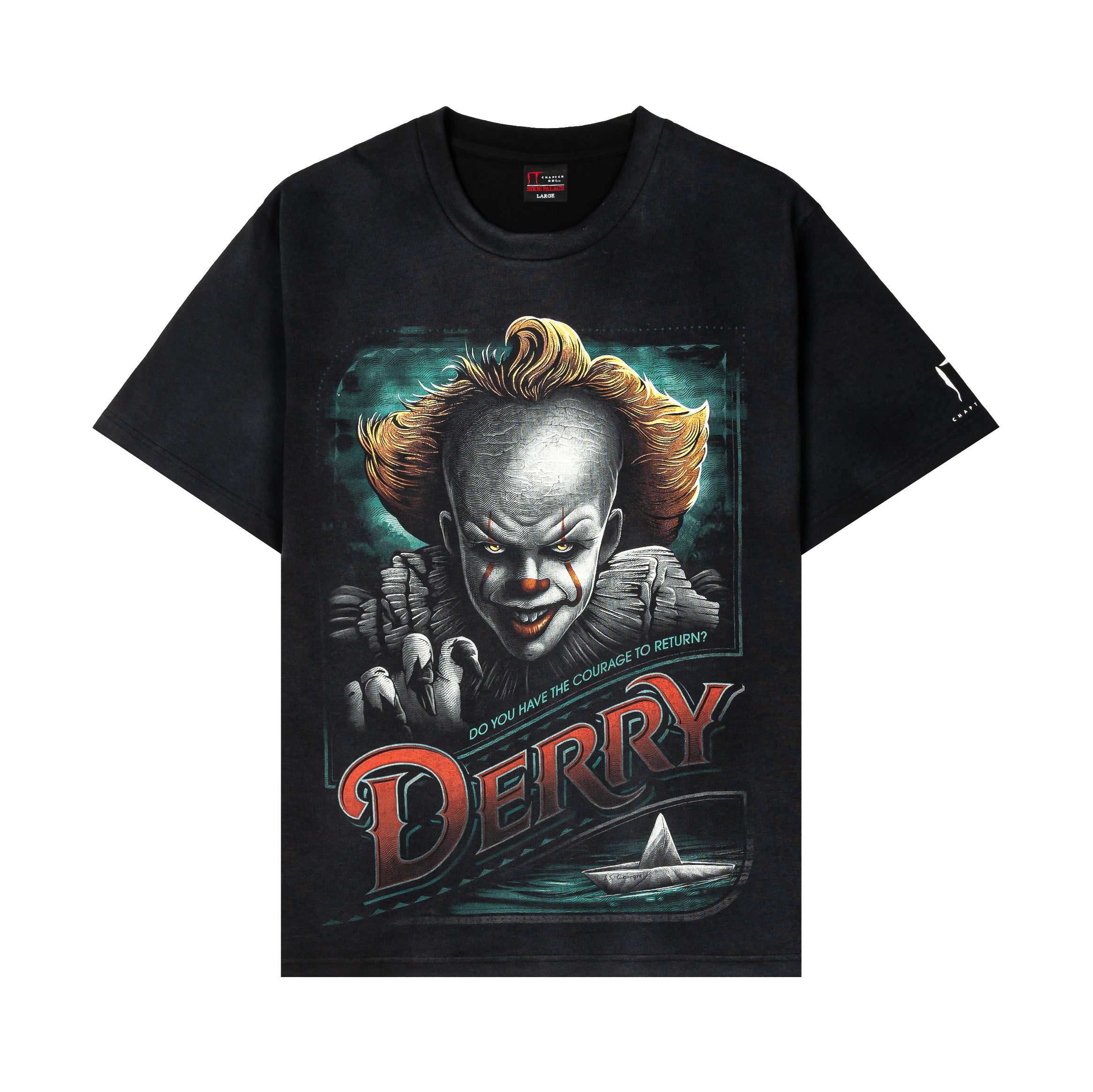 Black t-shirt featuring a clown design and the word 