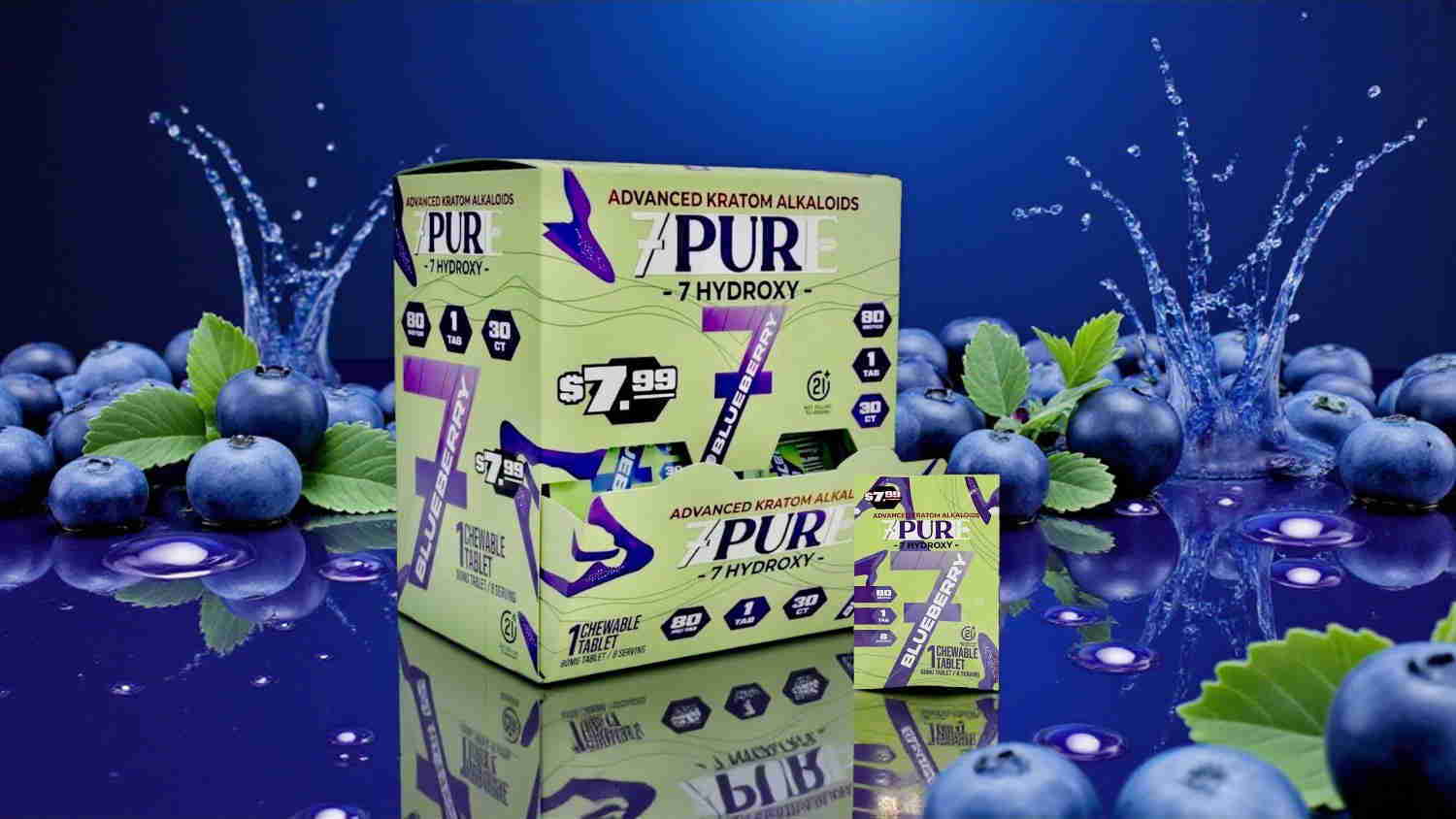 Box of PUR product surrounded by blueberries and green leaves.