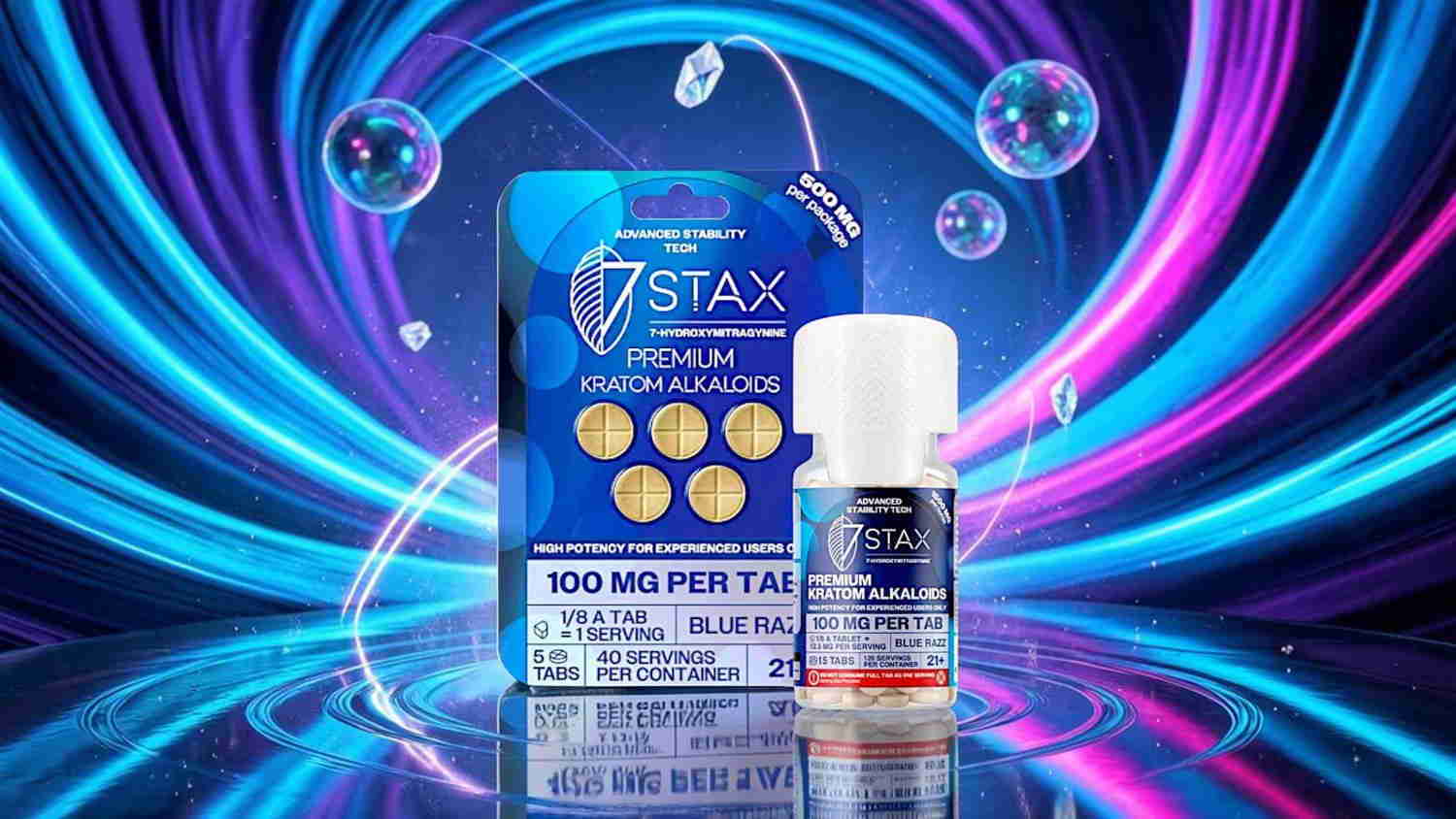 Bottle and box of 7Stax supplements with vibrant background.