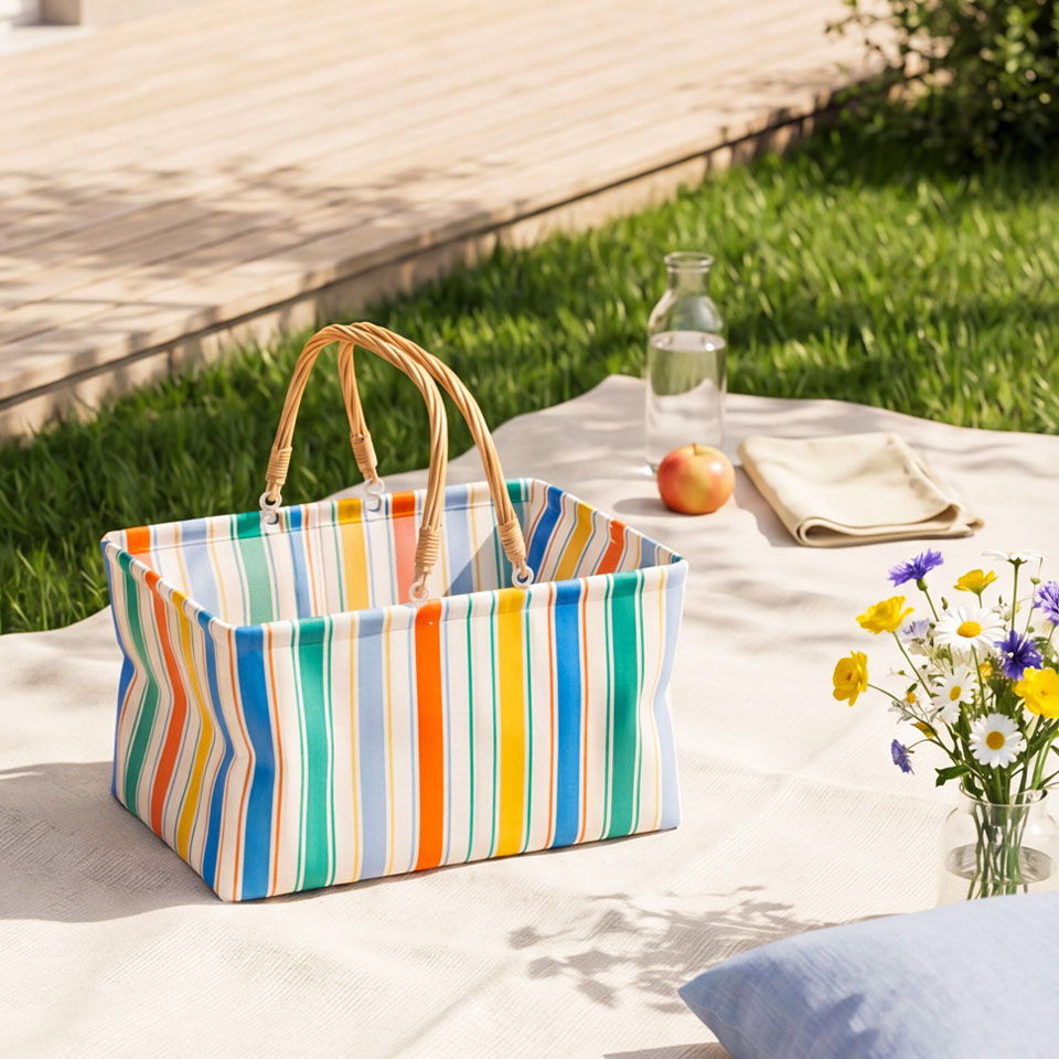 Colorful striped picnic basket on a blanket in a grassy outdoor setting.