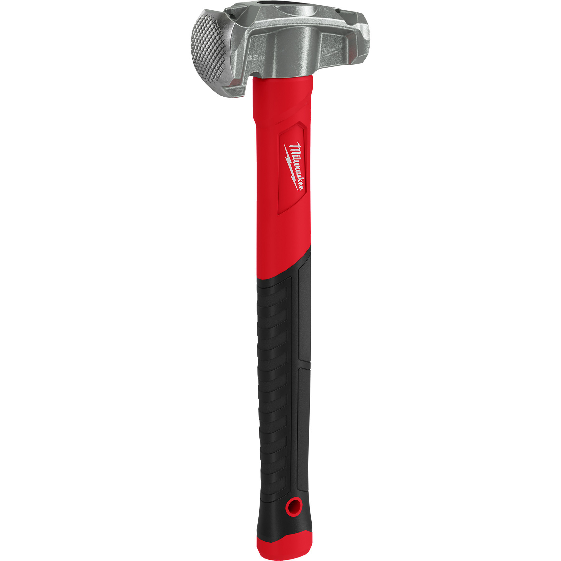 A red and black hammer with a metallic head.