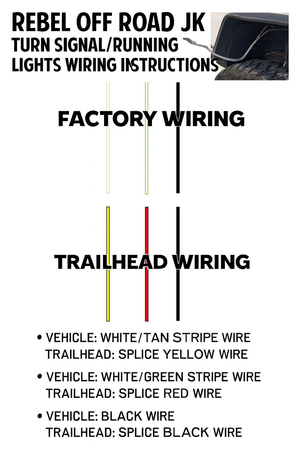 Wiring instructions for Rebel Off Road JK turn signal and running lights.