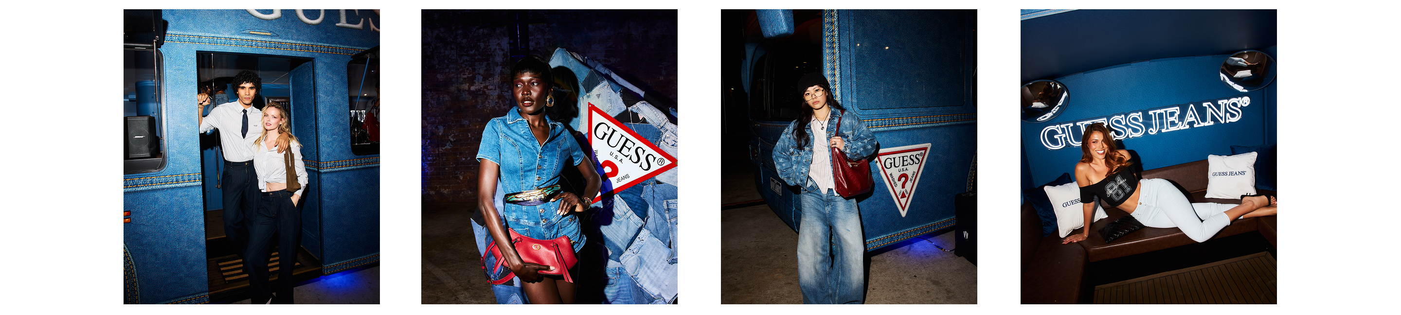 Four images featuring various people at the GUESS Denim Bus Event 