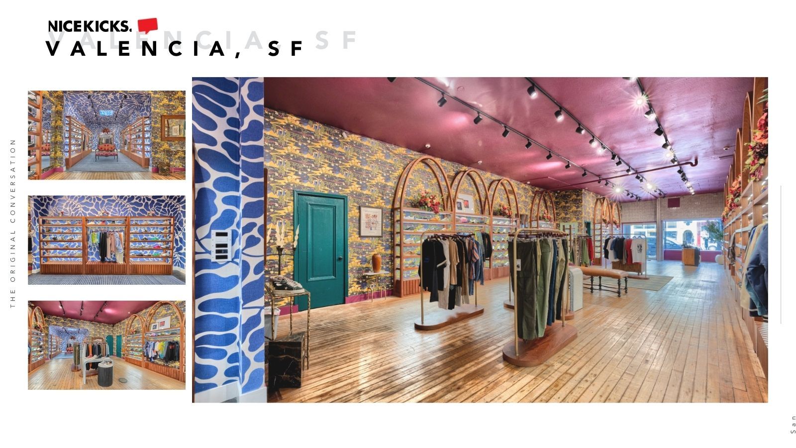Store interior in Valencia with colorful walls and clothing displays.