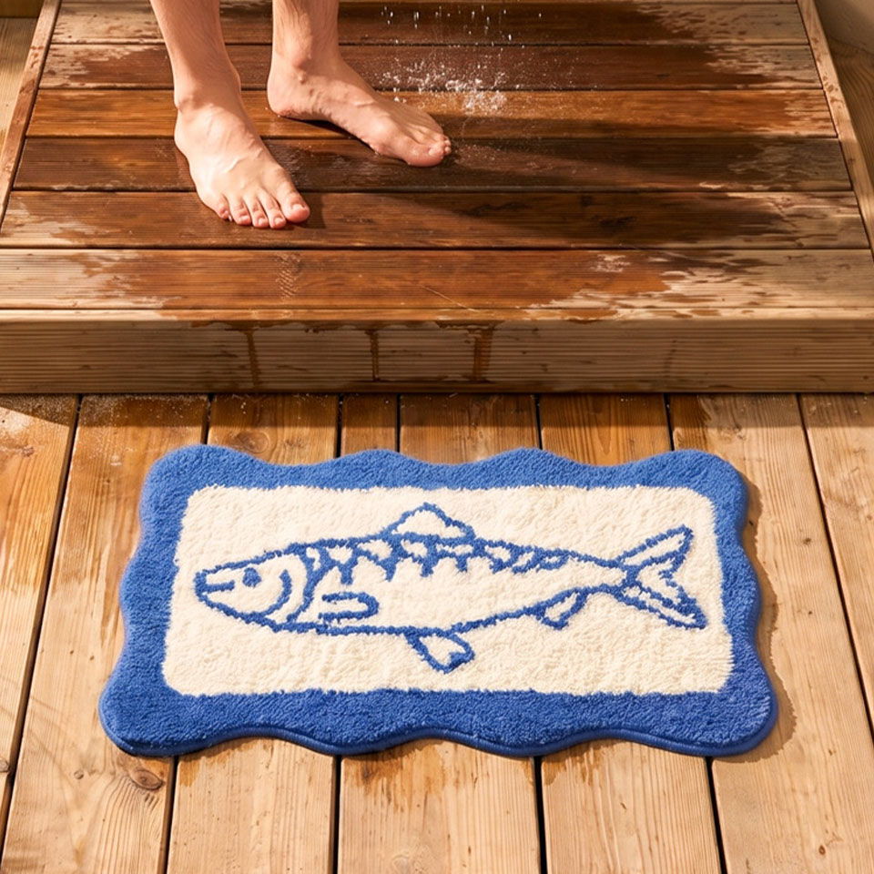 A bath mat with a fish design under bare feet.
