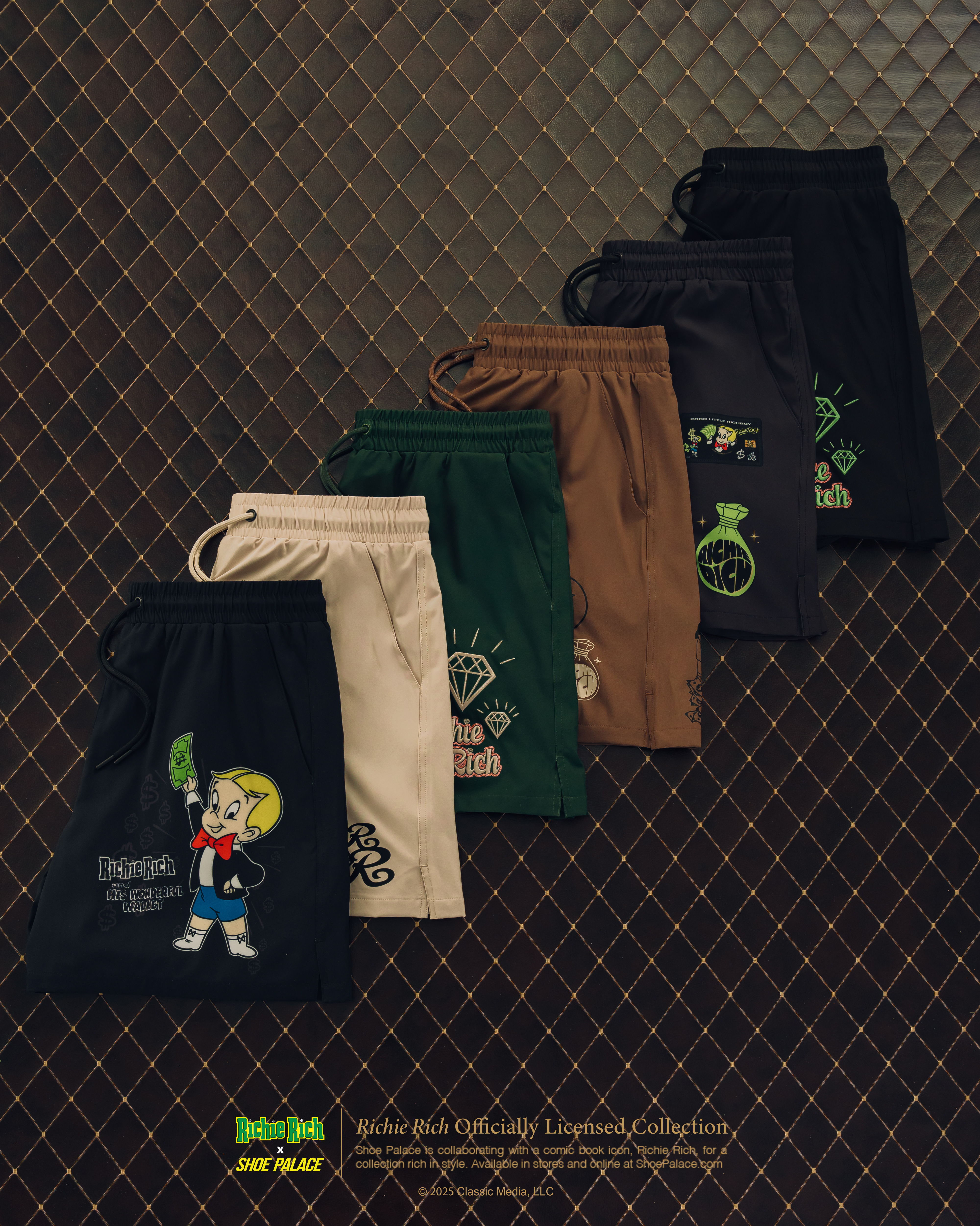 A collection of colorful shorts displayed in a row on a patterned background.