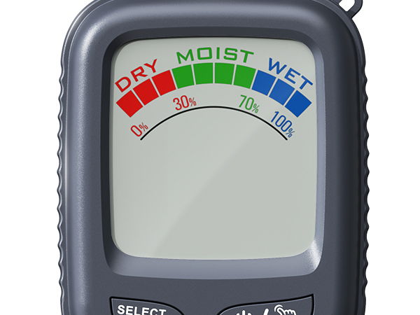 Moisture meter displaying dry, moist, and wet levels with a gauge.