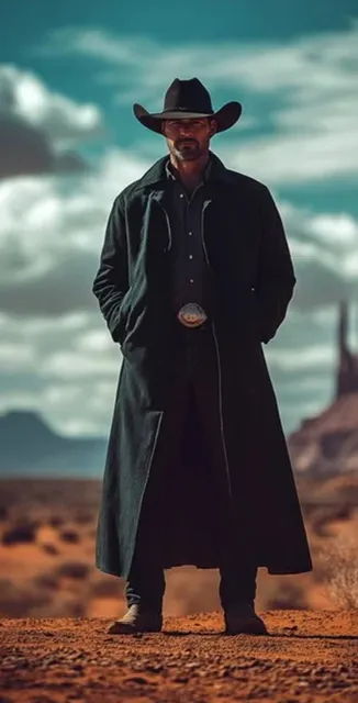 A cowboy stands in the desert, wearing a long coat and hat.