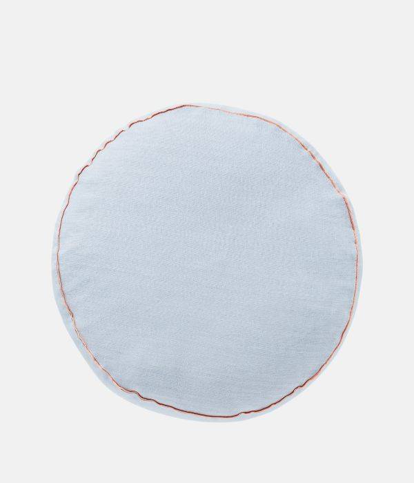 An image of The Campbell Collection Mukesh Round Linen Cushion in Illusion Blue.