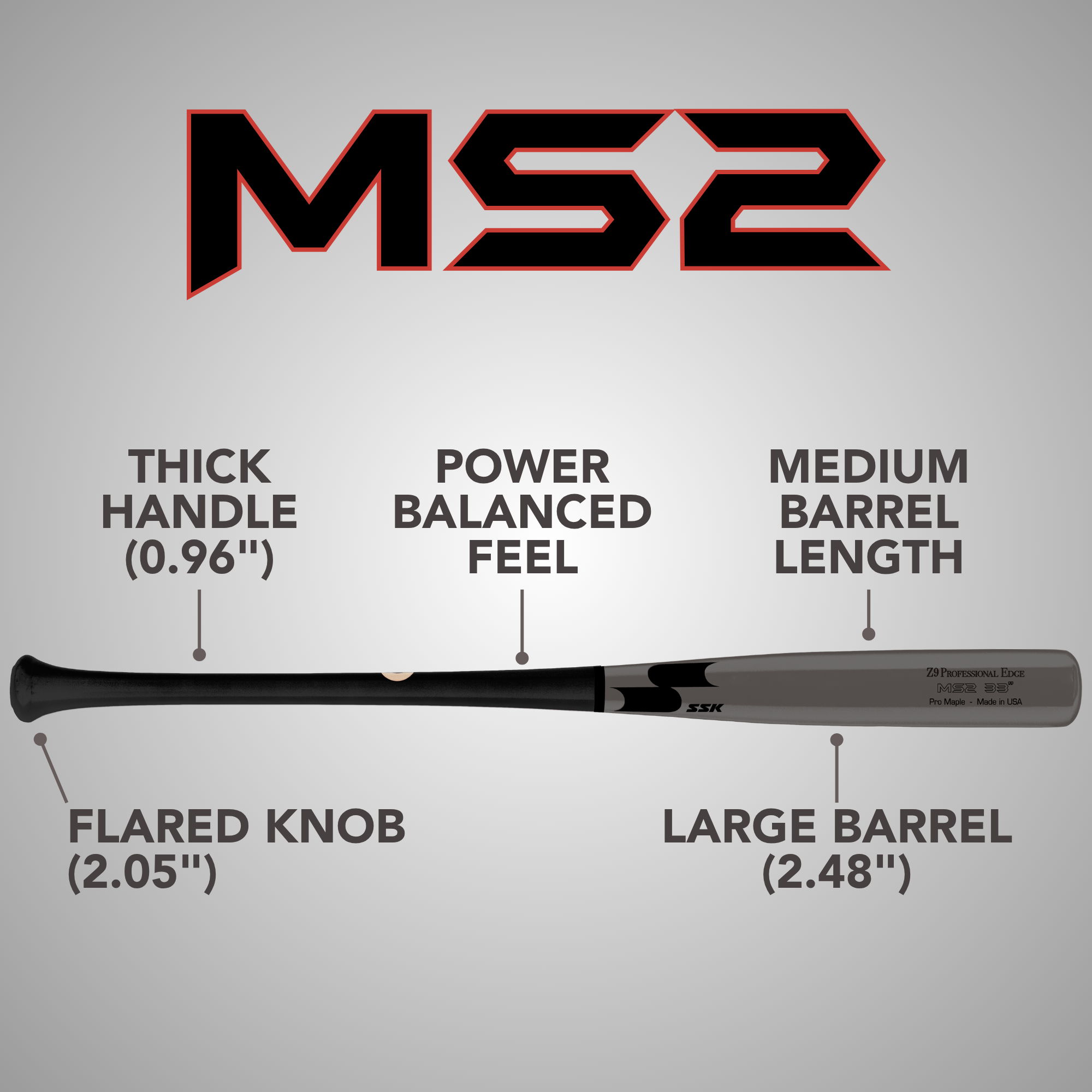 Diagram of a baseball bat with specifications and features labeled.