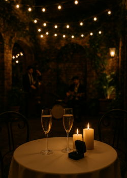 Intimate candlelit table set for a romantic evening in New Orleans with string lights overhead.