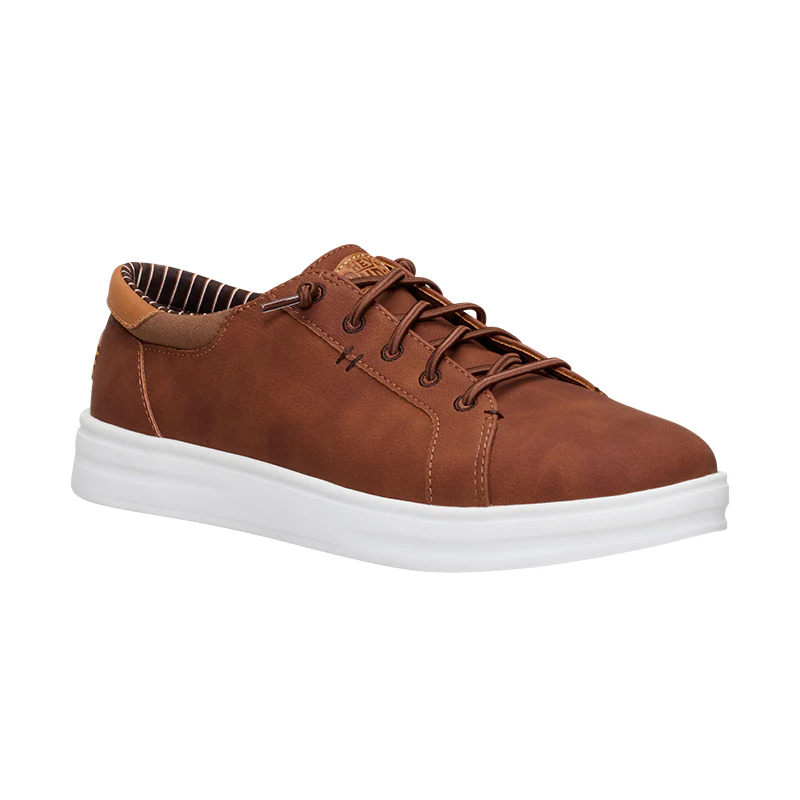 Brown leather sneakers with white soles and striped interior.