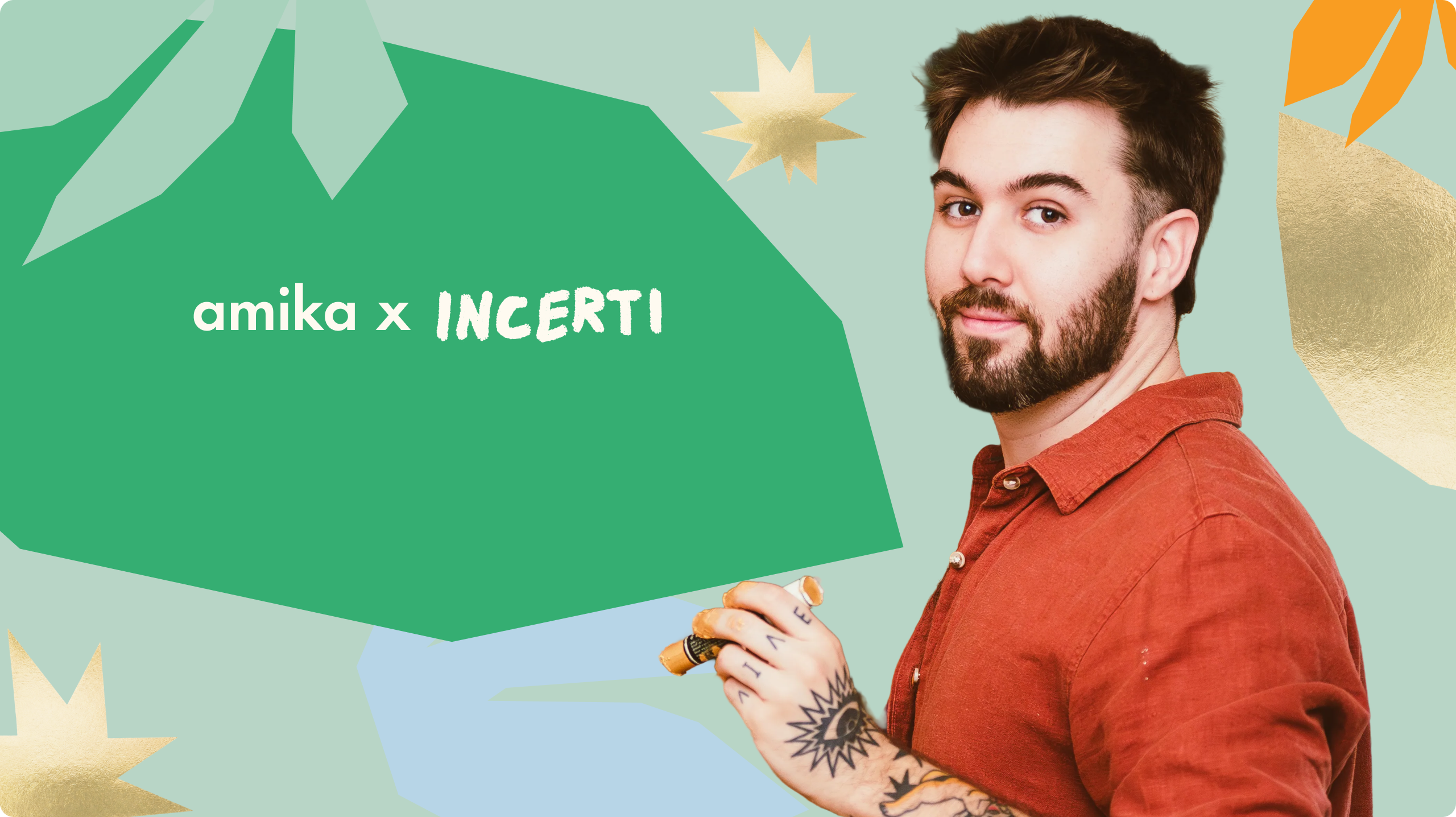 Person with a beard holding a marker, against a colorful background.