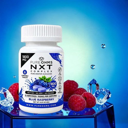 Bottle of NXT dietary supplement with blueberries and raspberries on a blue background.