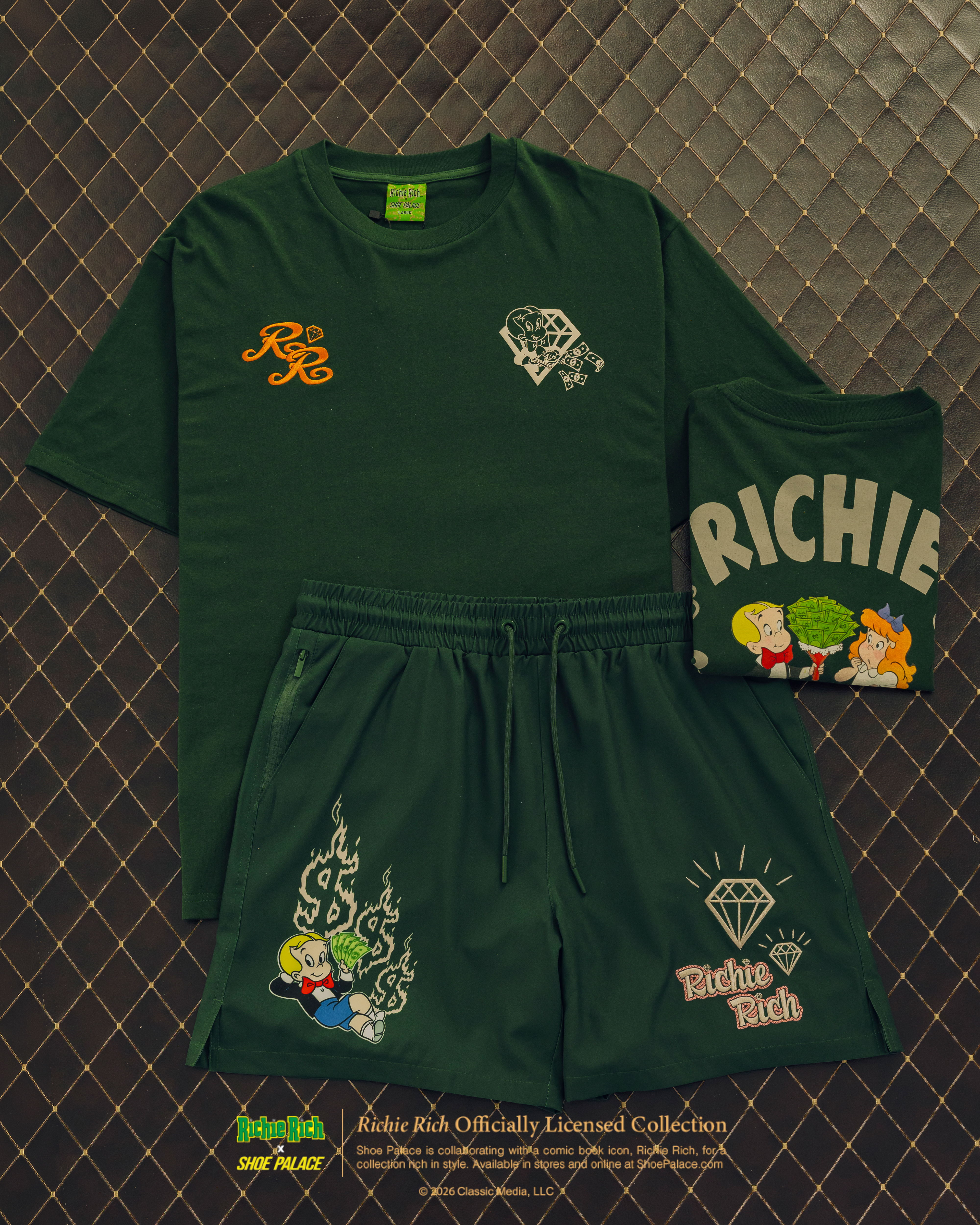 Green shorts and t-shirt set featuring cartoon characters and text.