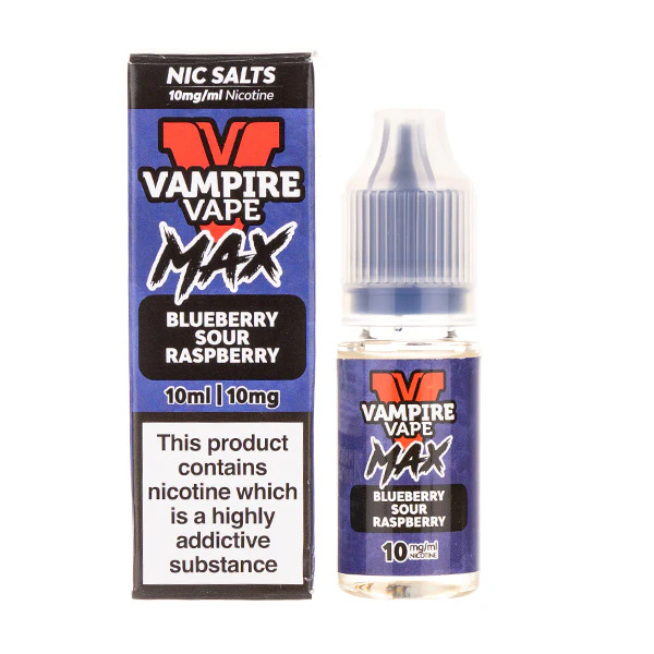 Vampire Vape Max blueberry sour raspberry nicotine salt e-liquid bottle and box.
