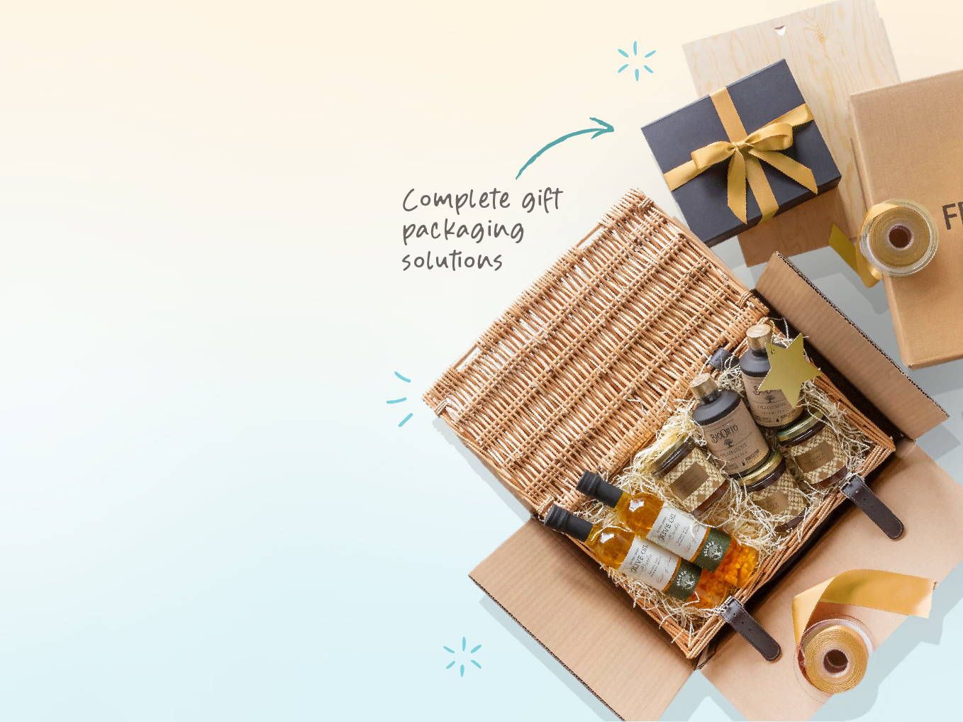All about gifting - a hamper with products in, two other boxes and a bow tied box with the text Complete git packaging solutions