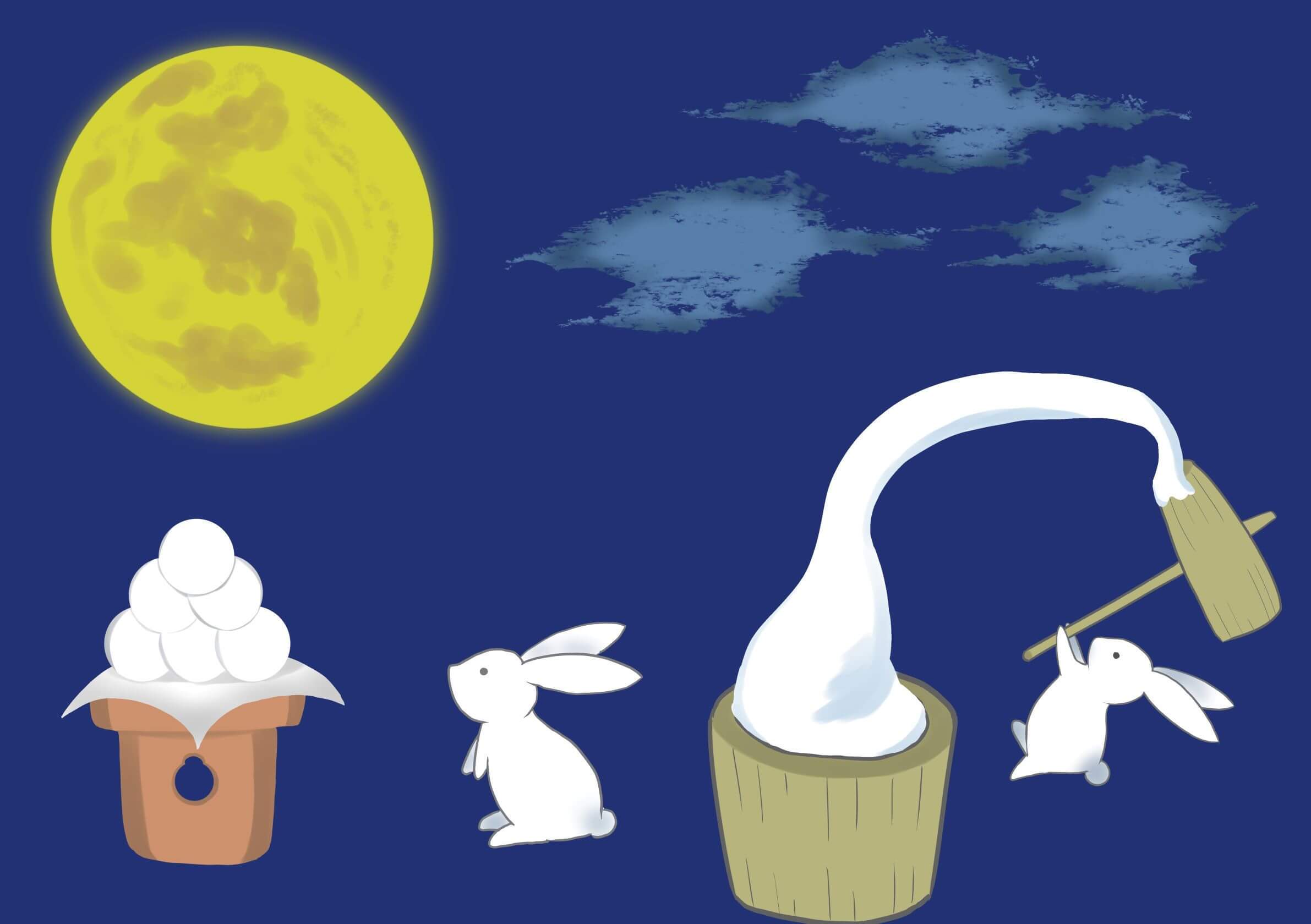 A rabbit pounding mochi and another rabbit looking at the Jugoya moon