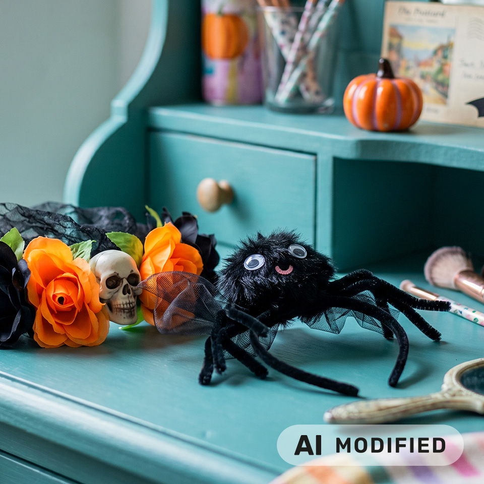 Une araignée décorative et des crânes parmi des fleurs orange sur un bureau bleu sarcelle.