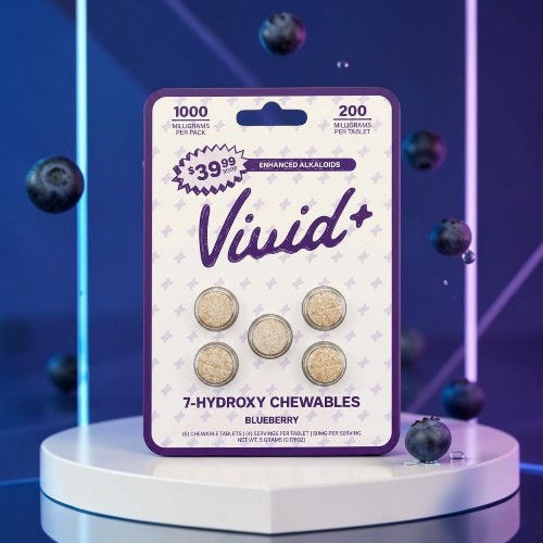 Vivid+ 3-hybrid chewables packaging with blueberry flavor on a display.