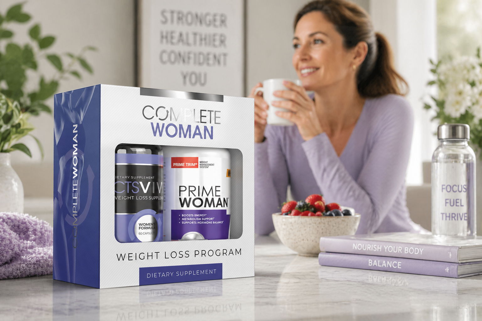 A woman enjoying a drink with a weight loss program package on the table.