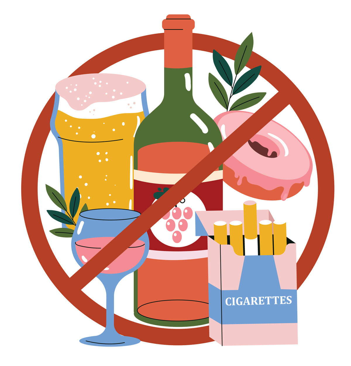 Illustration of a no symbol with alcohol, cigarettes, and a donut.