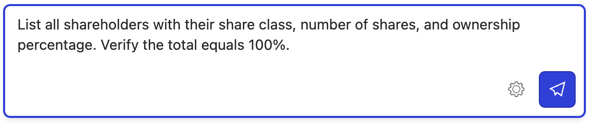 List of shareholders with shares, ownership percentage, and total equals 100%.