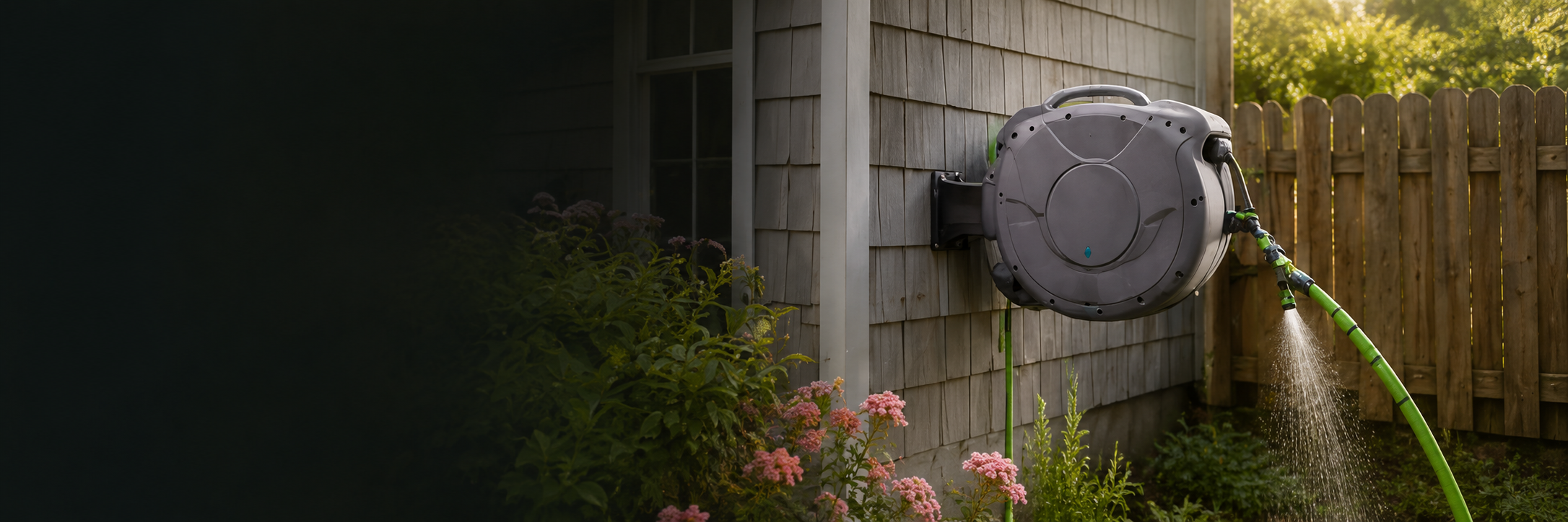 Hose reel mounted on a house wall with flowers nearby.
