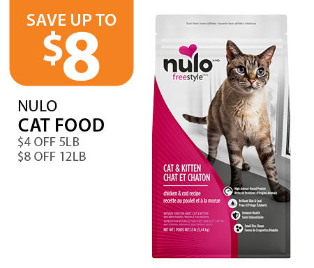 $4 off Nulo cat food 5lb & $8 off 12lb