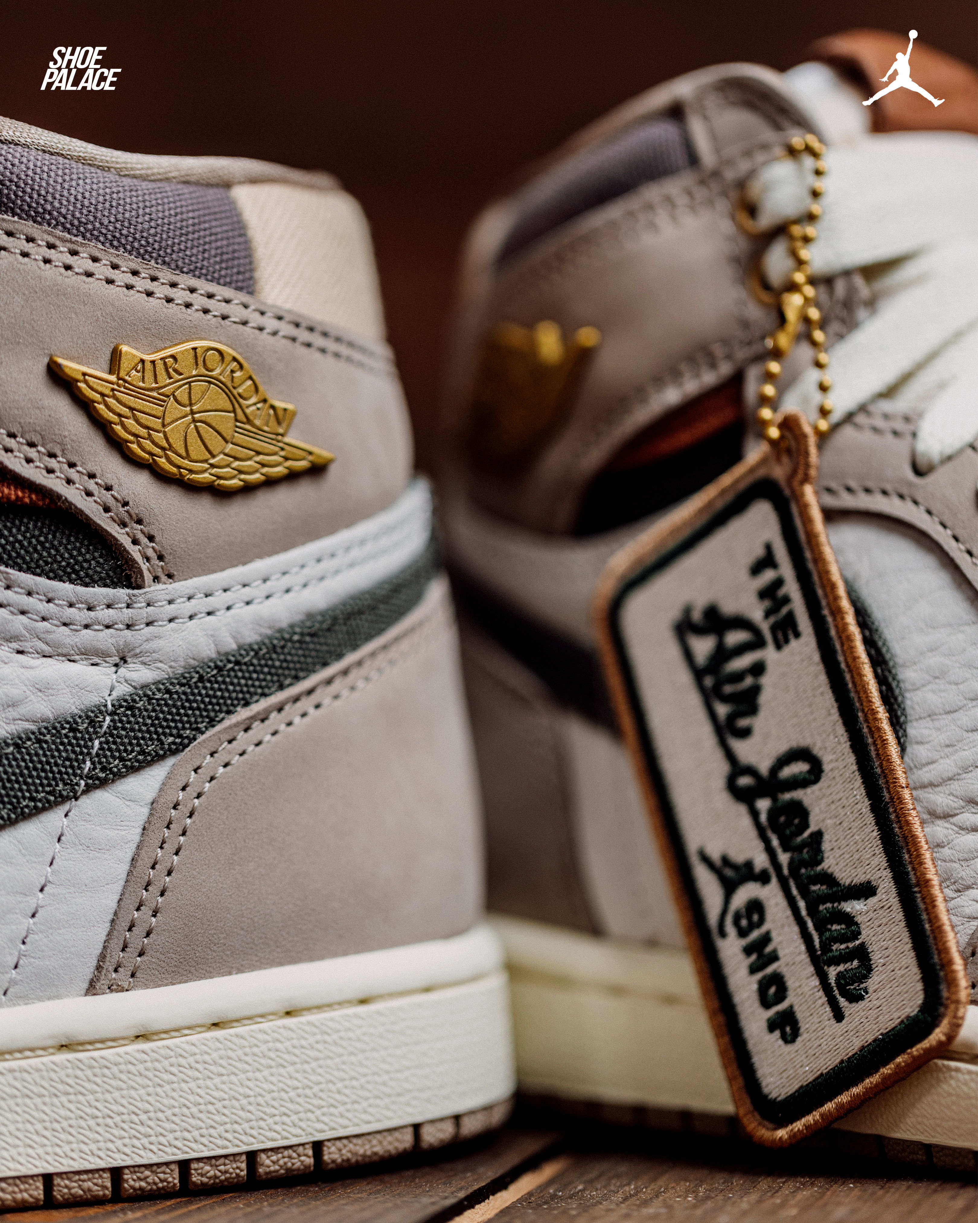 Close-up of Air Jordan sneakers with tag and logo details.
