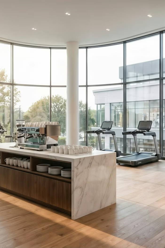Modern gym with treadmills and exercise bikes