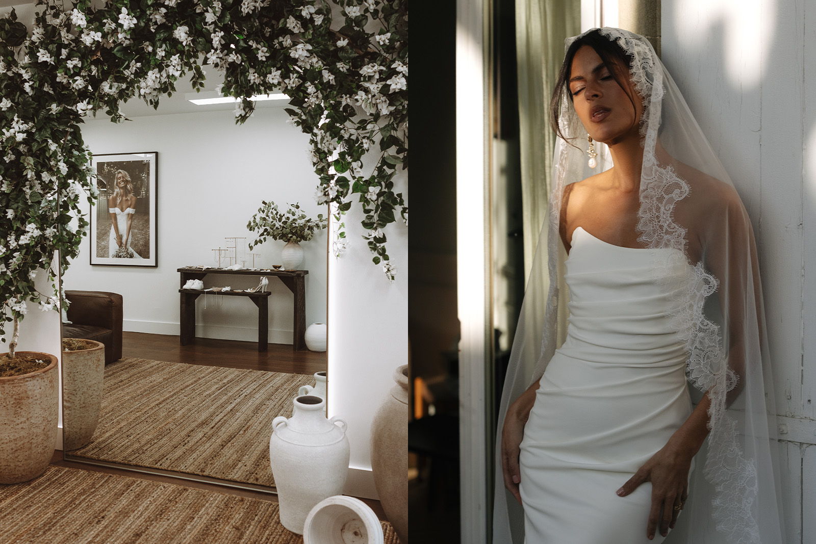 Wedding venue and bride in elegant dress with veil.