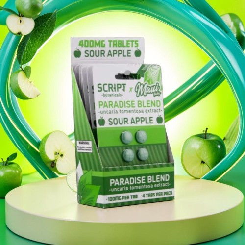 Sour apple flavored tablet packaging with green accents and a vibrant background.
