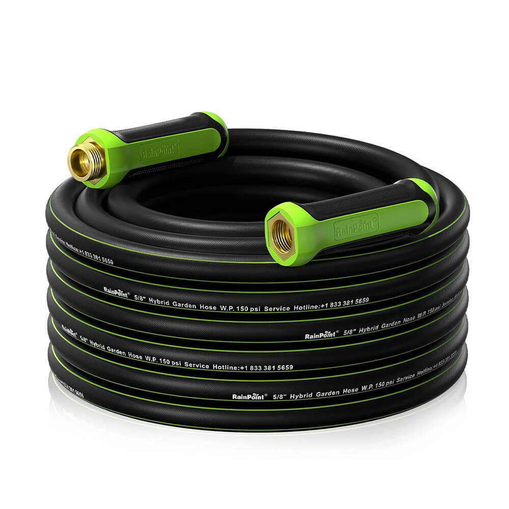 Coiled black garden hose with green handles.