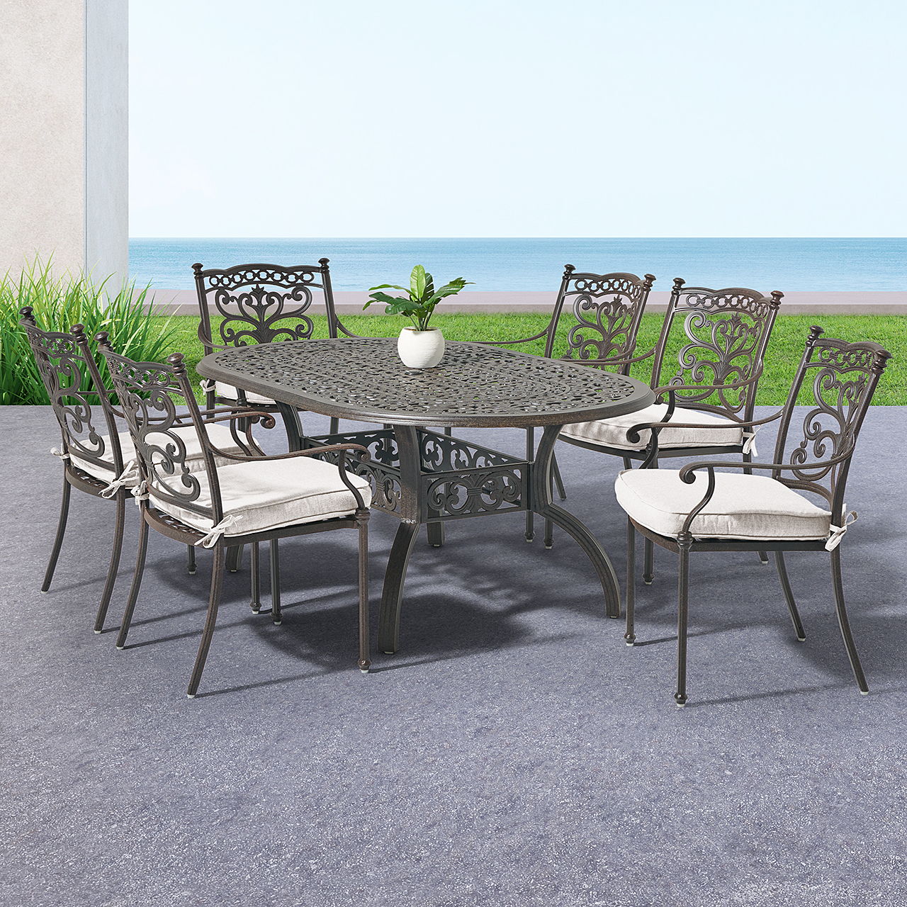 Outdoor dining set with six chairs and a square table.