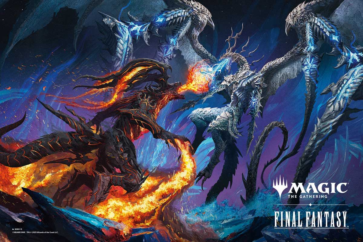 A fiery dragon battling ethereal, multi-headed creatures in a fantastical landscape.