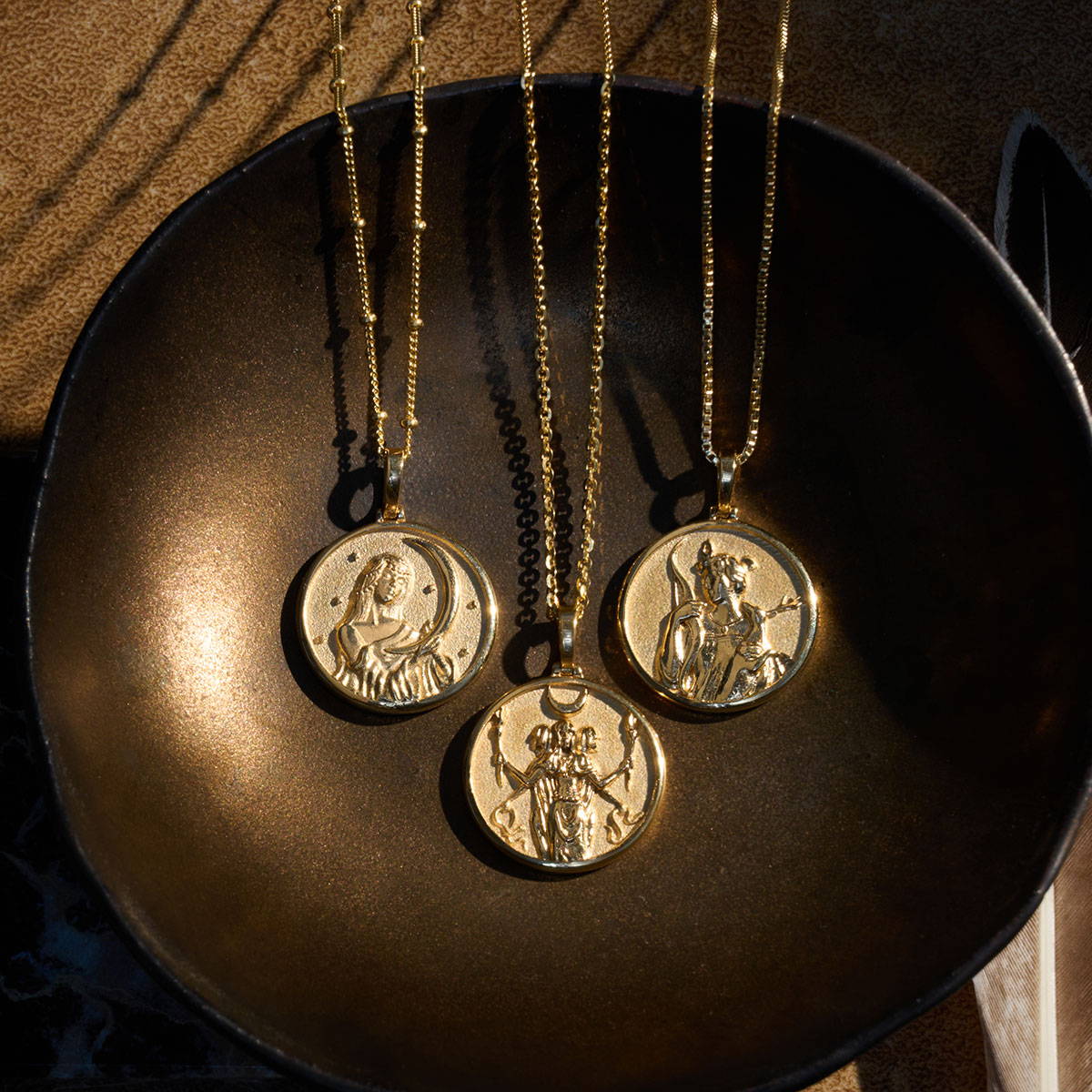 Goddess coin pendants Selene, Artemis & Hecate in gold vermeil