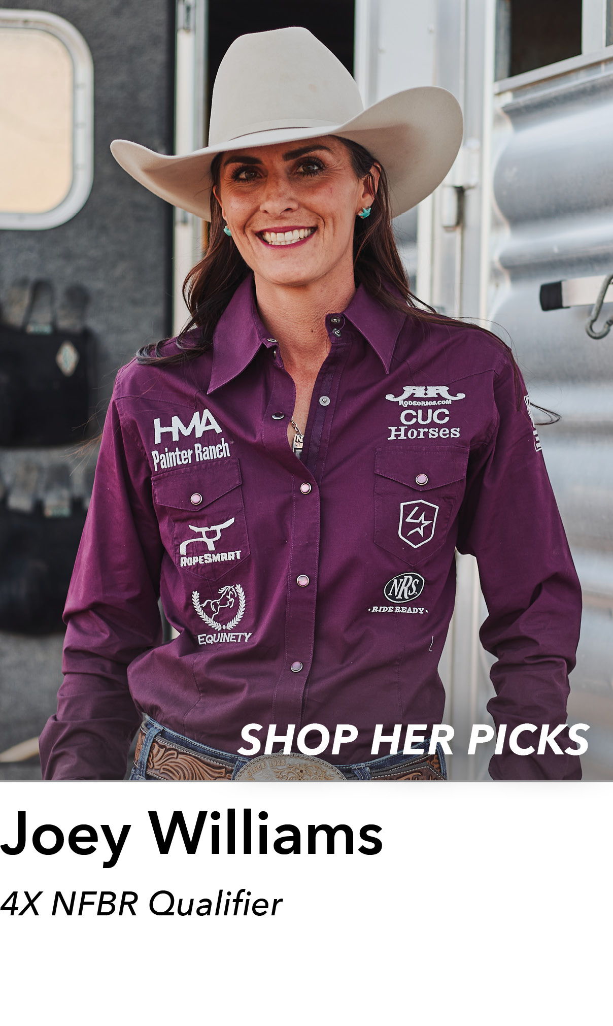 A woman in a cowboy hat smiles, wearing a purple shirt with logos.