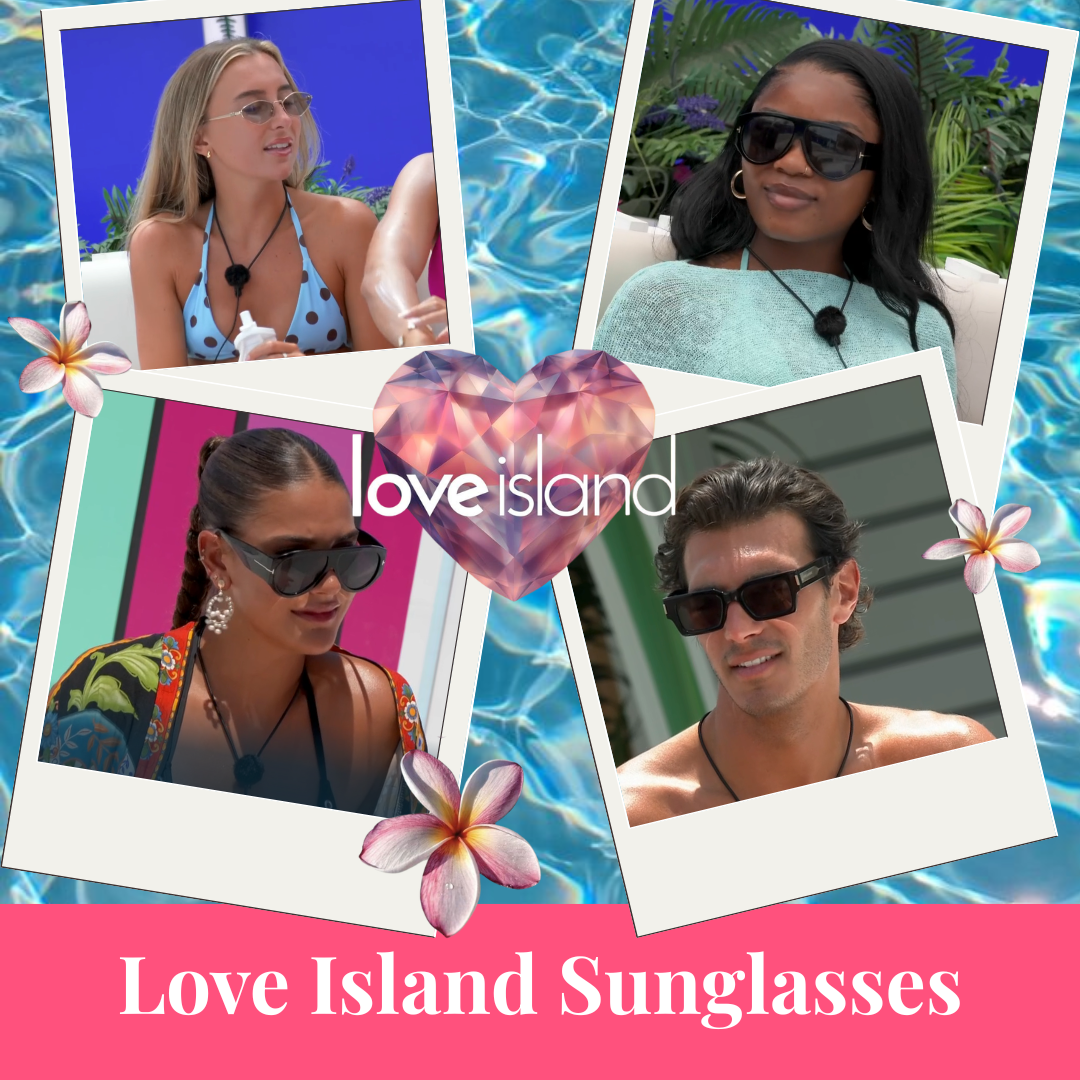 Collage of four people wearing sunglasses with 