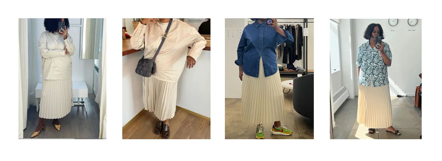Four outfits featuring long skirts and various tops in different settings.