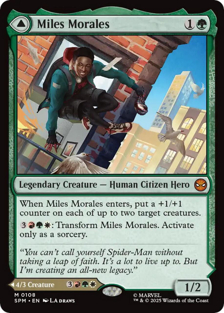 Card featuring Miles Morales, a legendary creature from a trading card game.