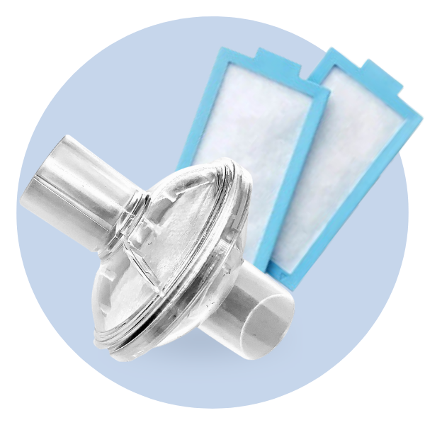 A transparent filter with two replacement filters on a blue background.