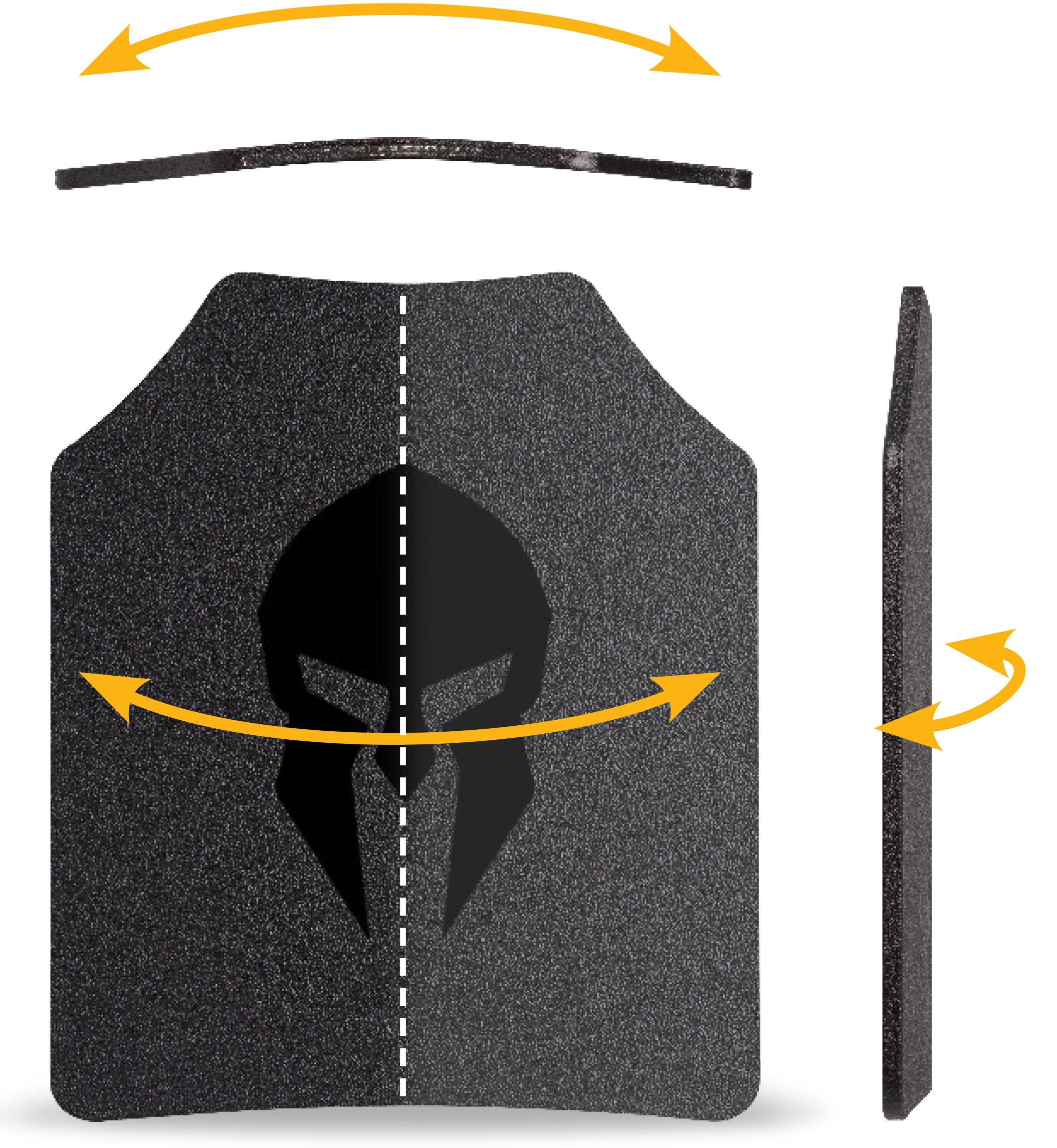 Black armor plate with a spartan logo, showing flexibility and dimensions.